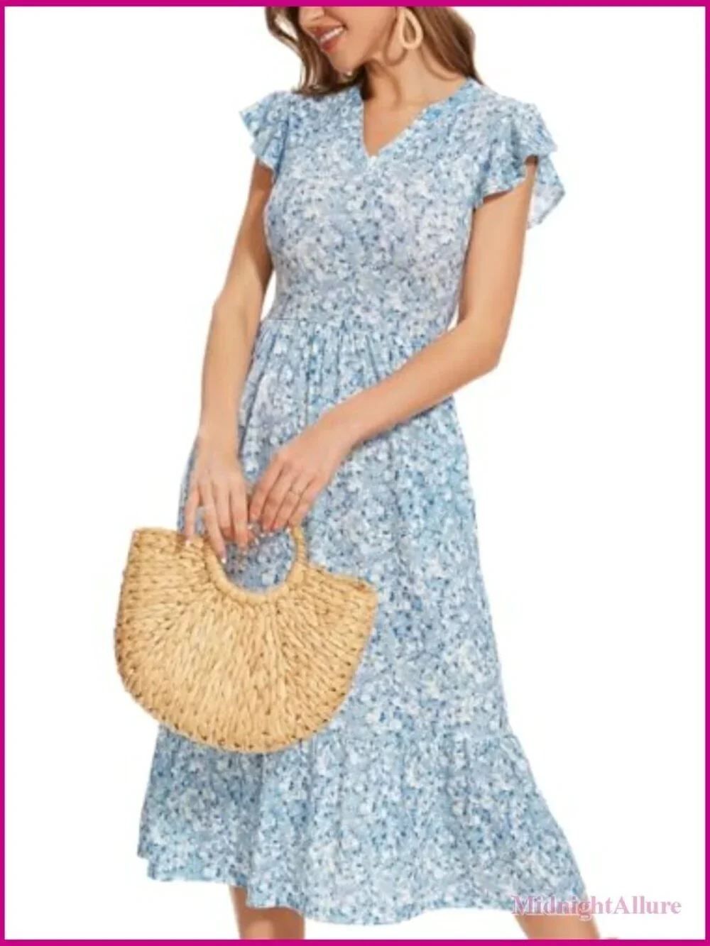 Midi Dress with Pockets Ruffle Sleeve Notched Neck A-Line Boho Beach Sundress
